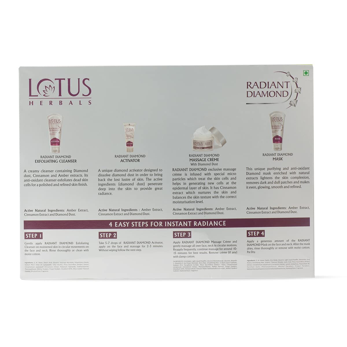 Lotus Herbals Radiant Diamond Cellular Radiance 5 In 1 Facial Kit | With Diamon Dust & Cinnamon | For All Skin Types | 1 Count (Pack of 1)