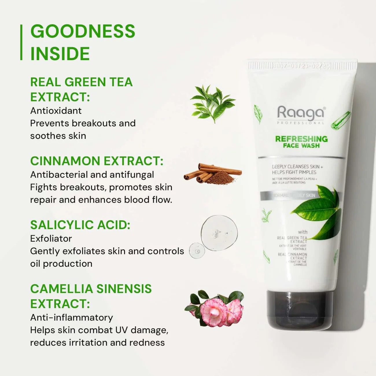 Raaga Professional Refreshing Face Wash with Green Tea & Cinnamon Extract – For Normal to Oily Skin | Fights Pimples & Deeply Cleanses – 80 ml
