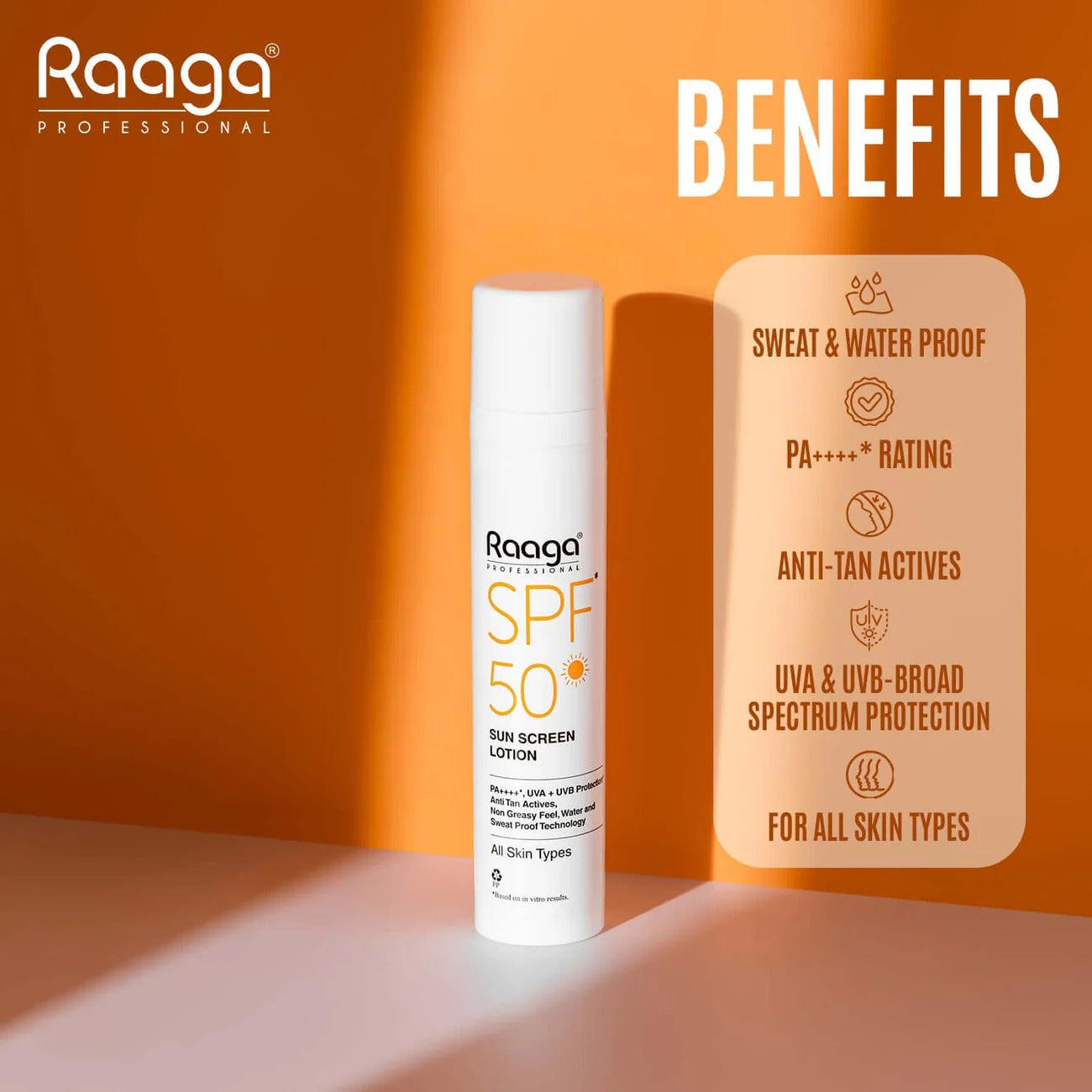 Raaga Professional SPF 50 Sunscreen Lotion | PA++++ | UVA + UVB Protection | Anti-Tan | Non-Greasy | Water & Sweat Proof | For All Skin Types – 55 ml