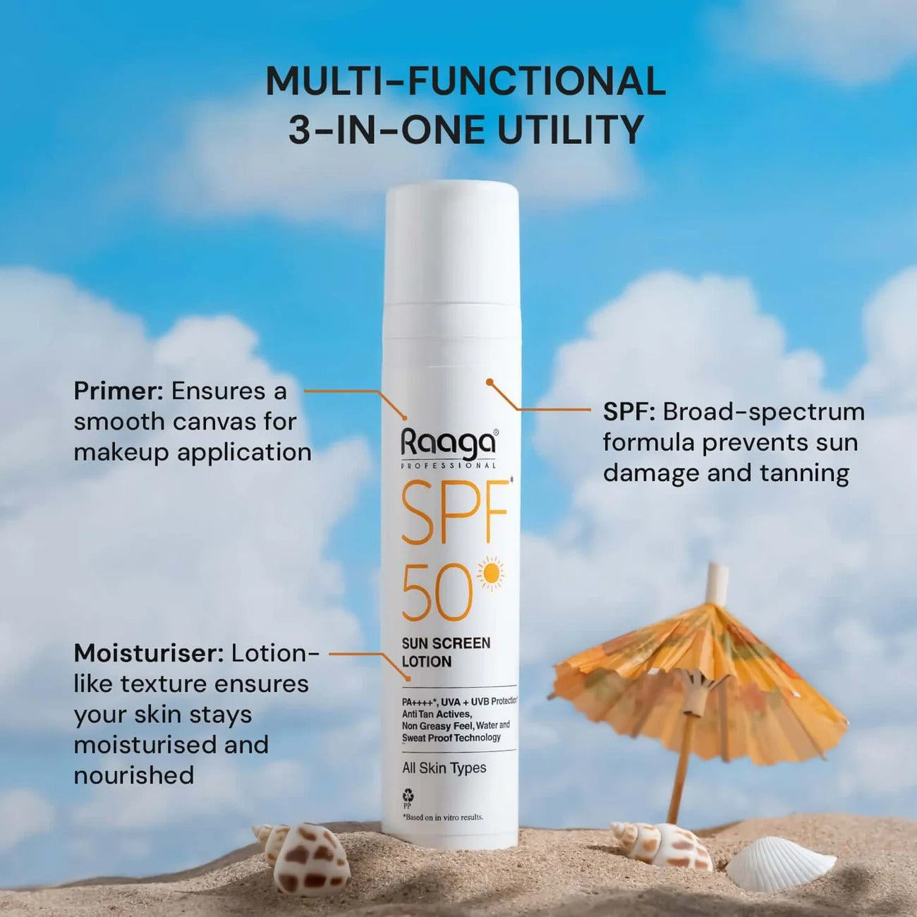 Raaga Professional SPF 50 Sunscreen Lotion | PA++++ | UVA + UVB Protection | Anti-Tan | Non-Greasy | Water & Sweat Proof | For All Skin Types – 55 ml