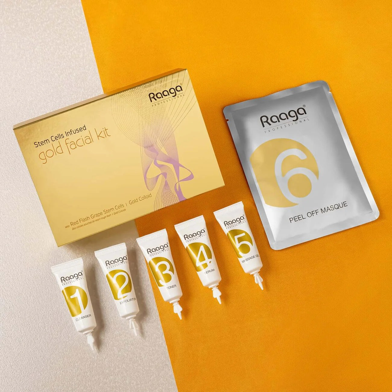 Raaga Professional Stem Cells Infused Gold Facial Kit – 6 Step Advanced Brightening Facial with Colloidal Gold & Red Flash Grape Stem Cells | Reduces Pigmentation & Boosts Radiance – 61 gm