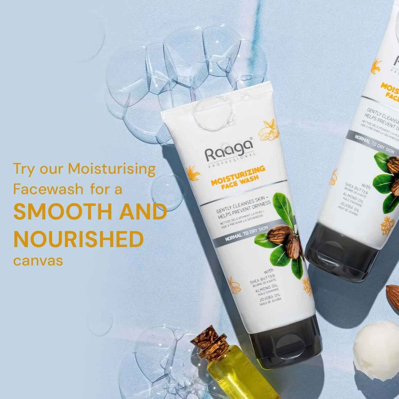 Raaga Professional Moisturizing Face Wash with Shea Butter, Almond Oil & Jojoba Oil – For Normal to Dry Skin | Gently Cleanses & Prevents Dryness – 80 ml