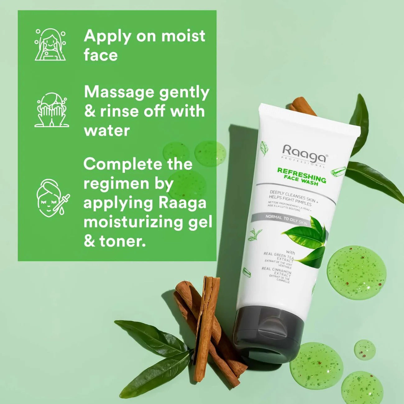 Raaga Professional Refreshing Face Wash with Green Tea & Cinnamon Extract – For Normal to Oily Skin | Fights Pimples & Deeply Cleanses – 80 ml