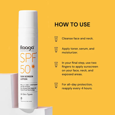 Raaga Professional SPF 50 Sunscreen Lotion | PA++++ | UVA + UVB Protection | Anti-Tan | Non-Greasy | Water & Sweat Proof | For All Skin Types – 55 ml